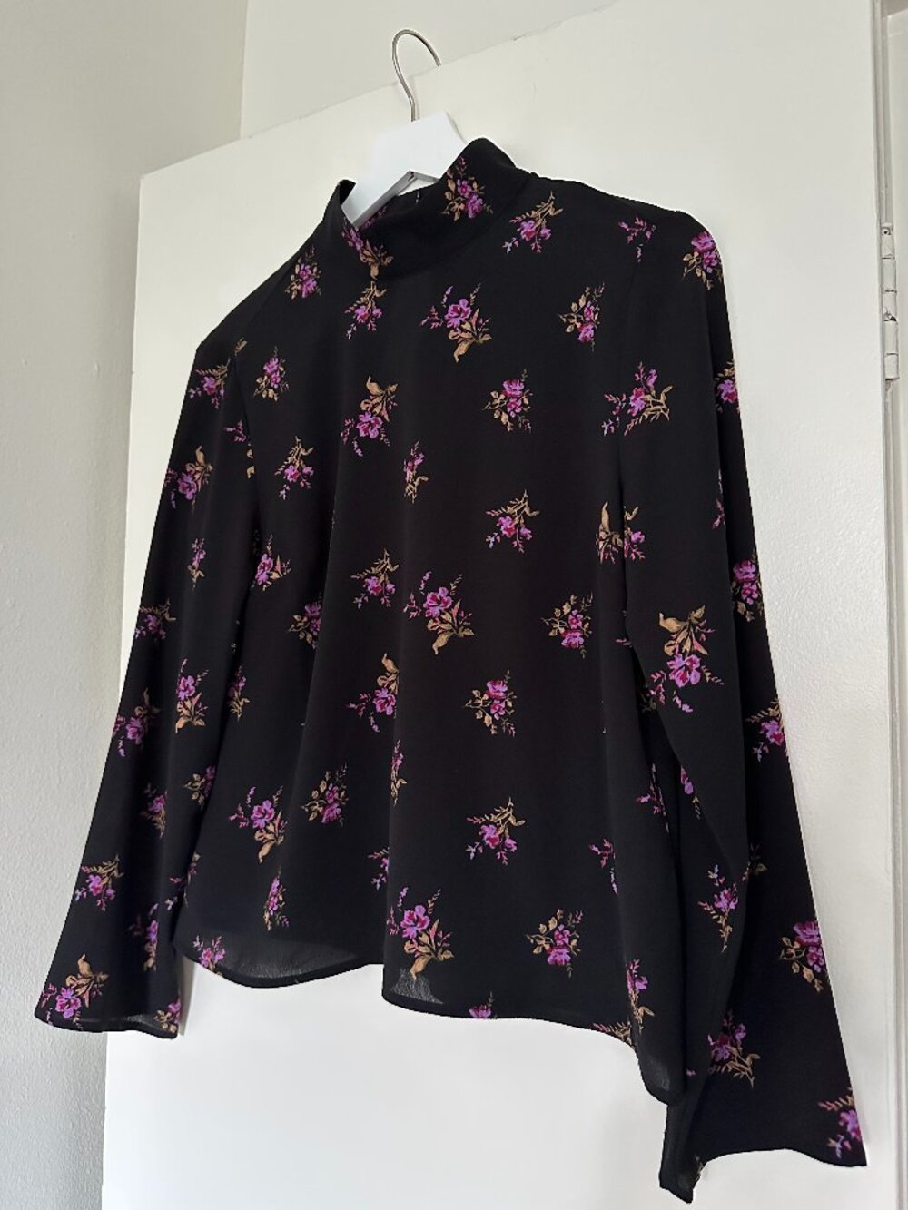 Mock Neck Black Floral Long-Sleeve Blouse